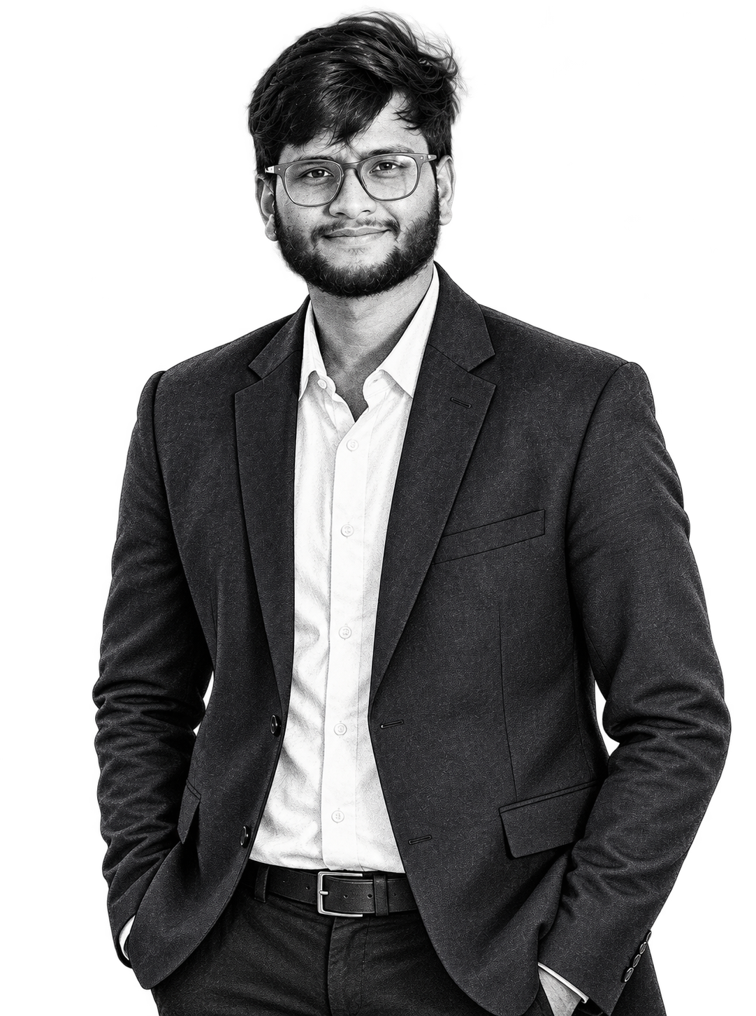 Monochrome portrait of Keshav Kandoi in a blazer