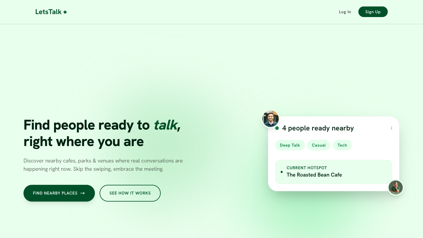 LetsTalk public website showing nearby places and conversation discovery
